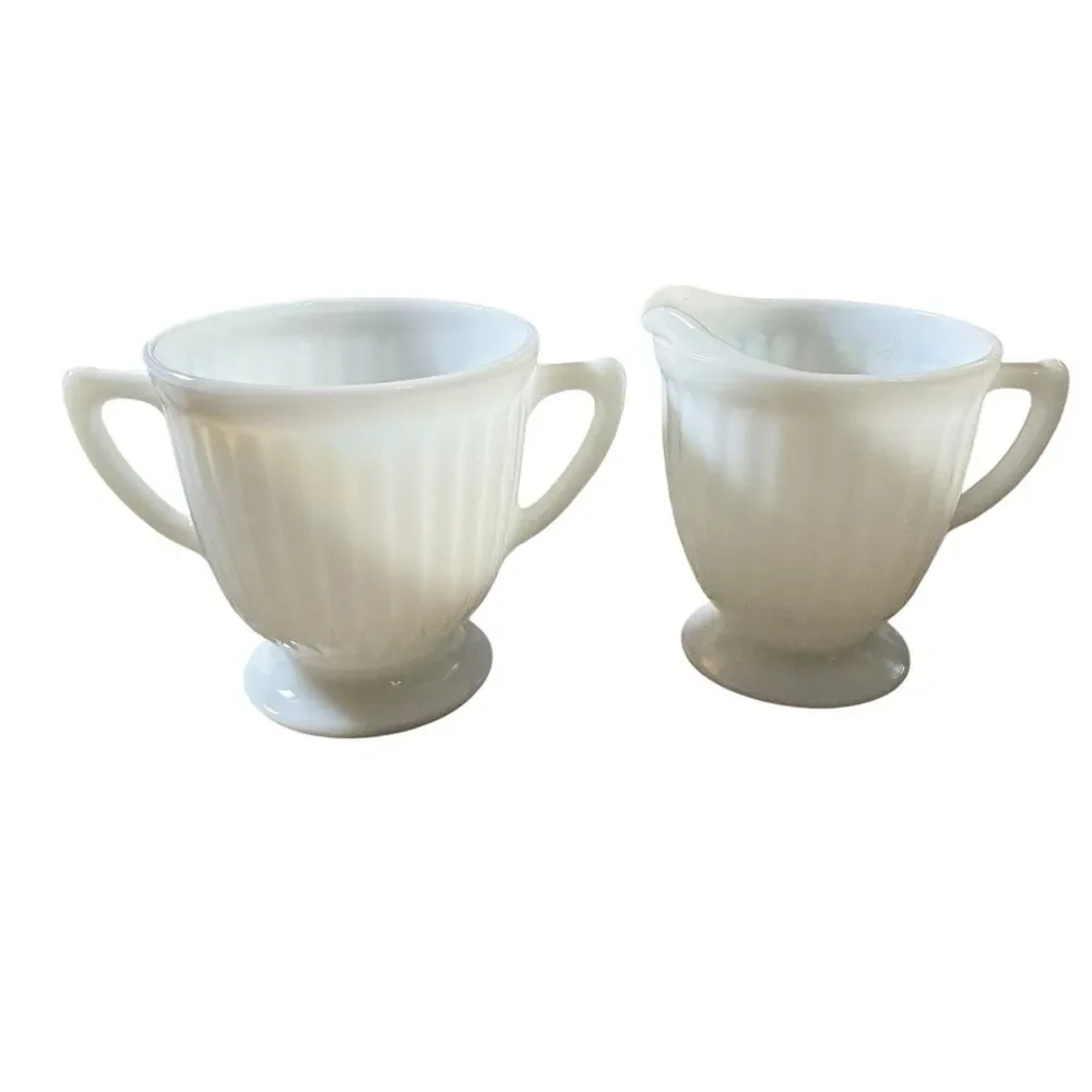Macbeth Evans Glass PETALWARE White Monax Footed Sugar‎ Bowl Dish & Creamer Set
